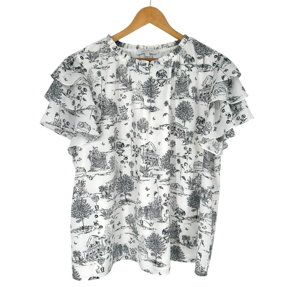 Sugarlips Renzo Toile Ruffle Blouse Short Flutter Sleeves size 2X Keyhole V Neck - Picture 3 of 11